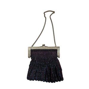 Antique 1920s Art Deco Beaded Purse Gold-Tone Frame Nouveau French Evening Clutc